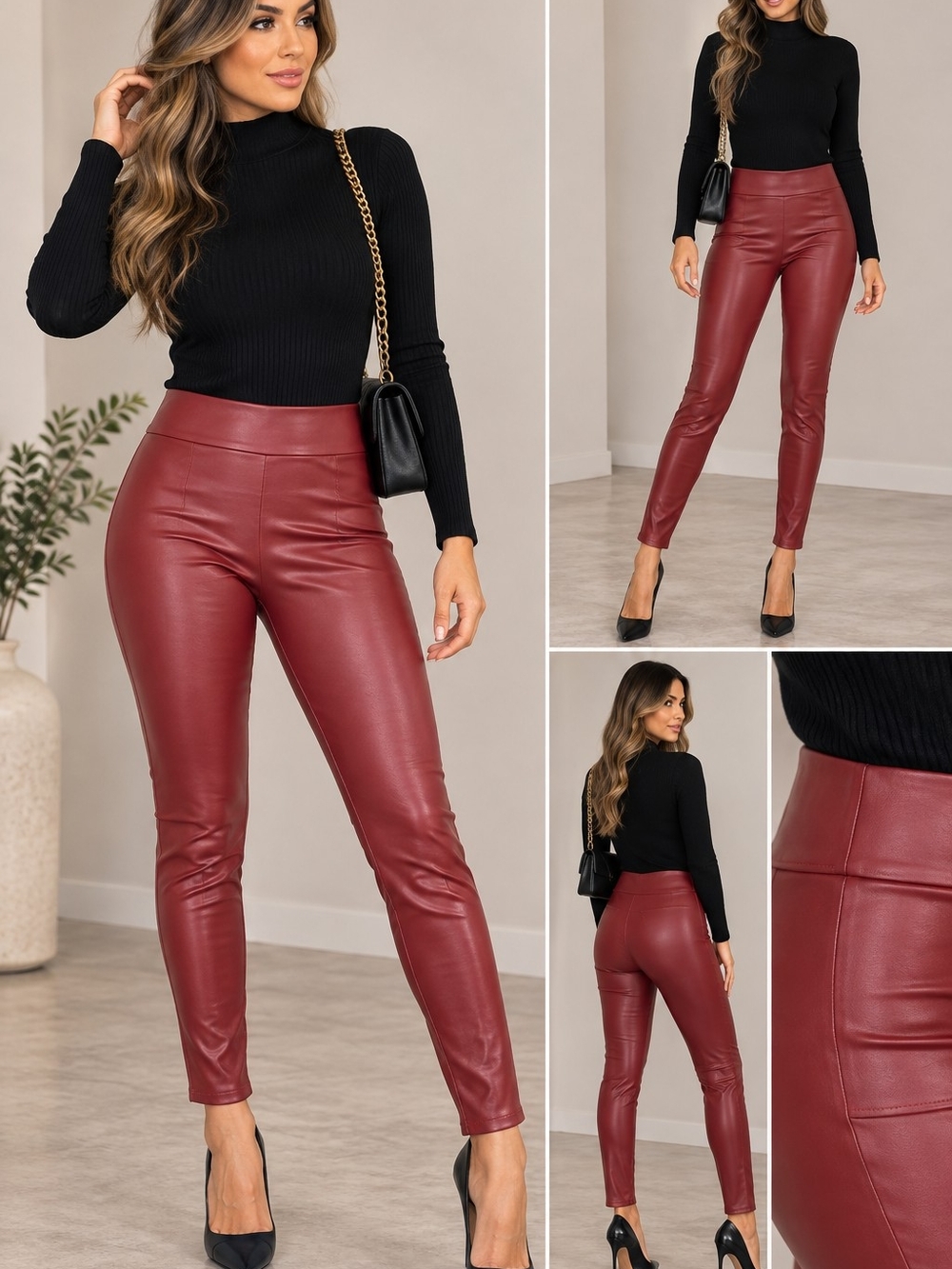 eye candy Burgundy Imitation Leather High-Rise Skinny Pants
